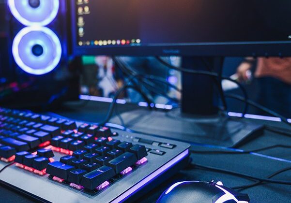 Gaming setup with keyboard and mouse.